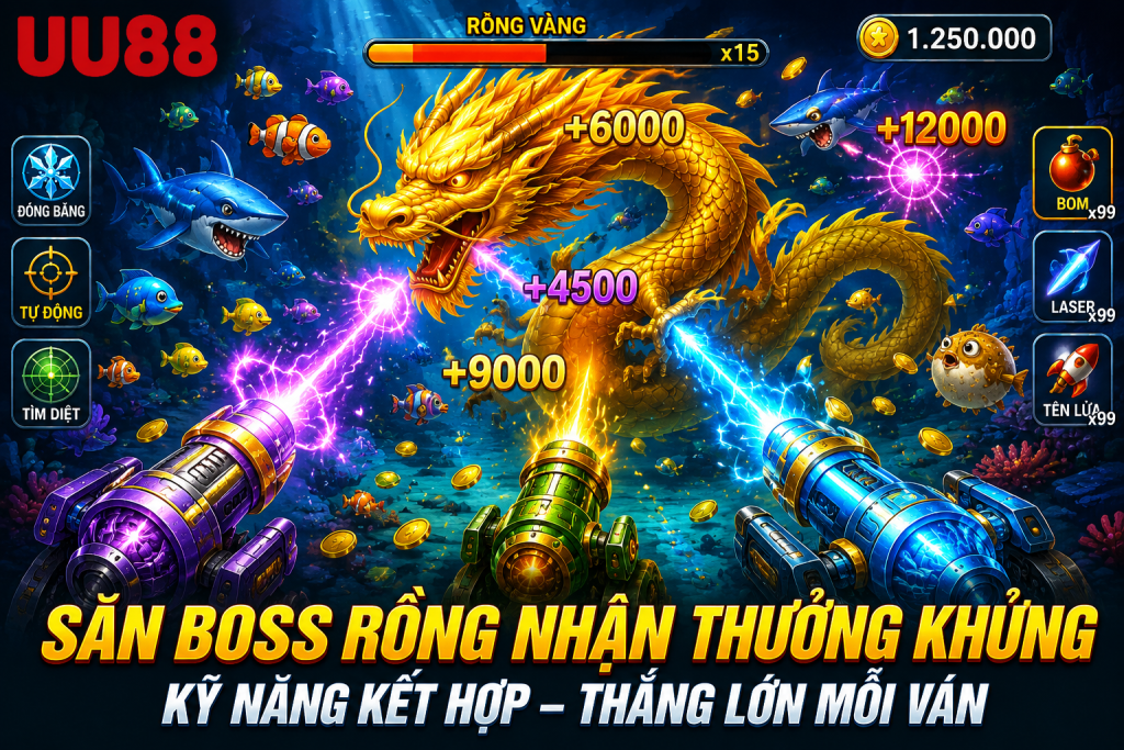 Người chơi sử dụng kỹ năng và đại bác để săn boss Rồng trong game