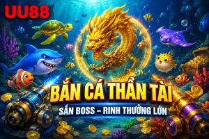Giao diện Bắn Cá Thần Tài với nhiều loại cá và boss xuất hiện trên màn hình.