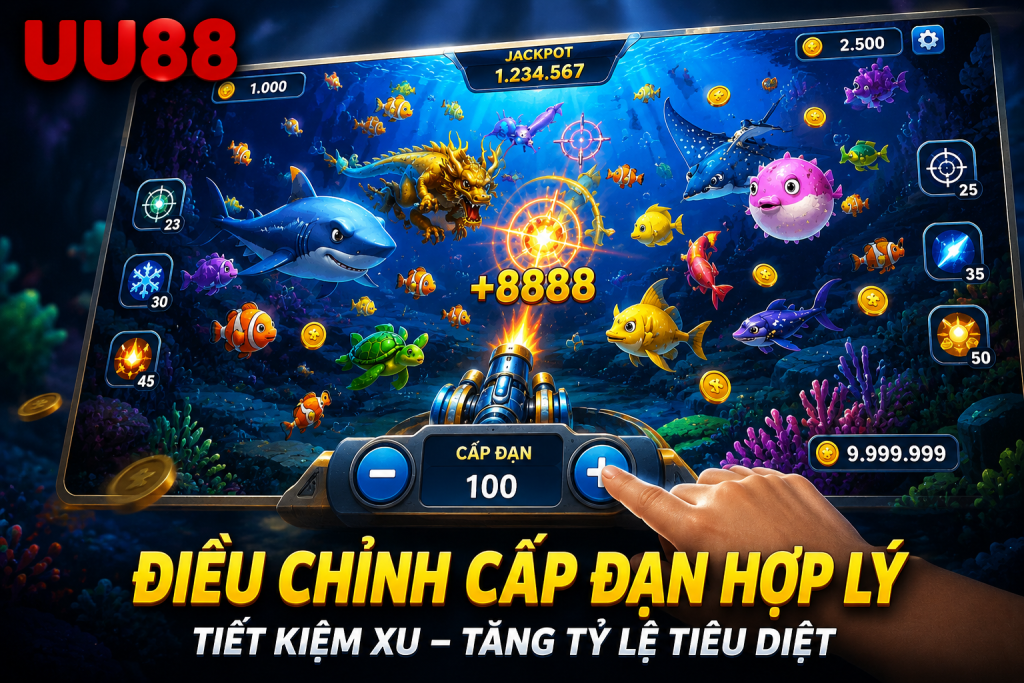 Người chơi điều chỉnh cấp đạn khi săn cá trong Bắn Cá Xèng.