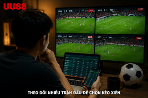 Người chơi đang theo dõi nhiều trận bóng trên màn hình để lựa chọn kèo xiên
